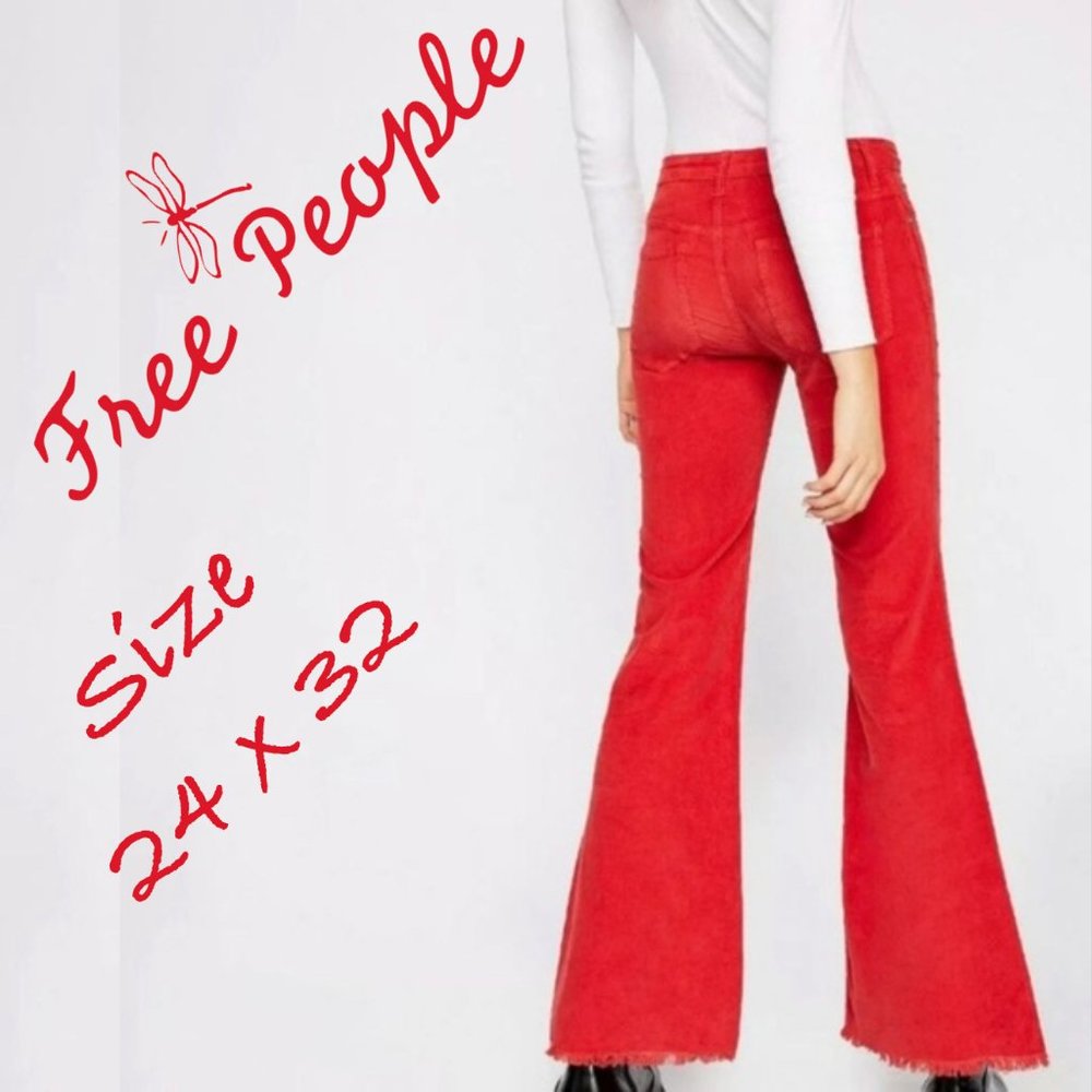 Free People Red High-Rise Flare Jeans